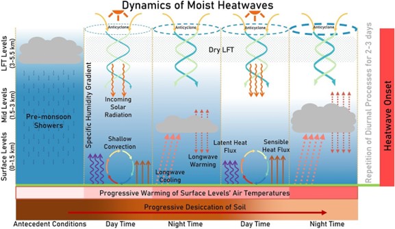 The schematic illustrates the formation of moist heatwaves. IIT Bombay research shows that they develop in regions with pre-monsoon showers and nighttime clouds. At night, low-level clouds contribute to longwave warming. Here, the length of the arrows in the schematic represents the intensity variation of the associated processes. (Source: Saha, Dixit, and Karthikeyan, 2026)