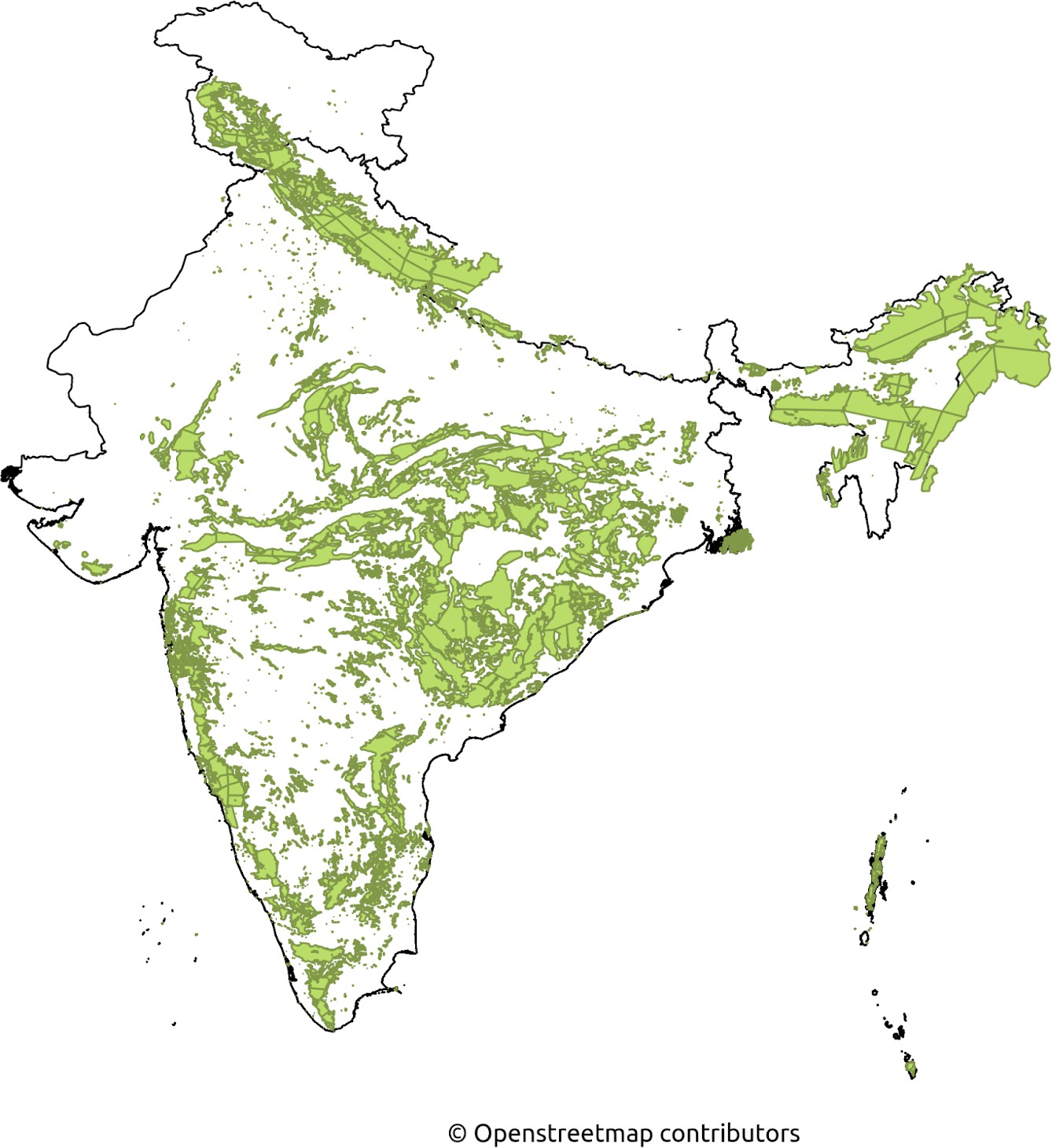 Indian forest cover map as of 2015. Image from Wikipedia