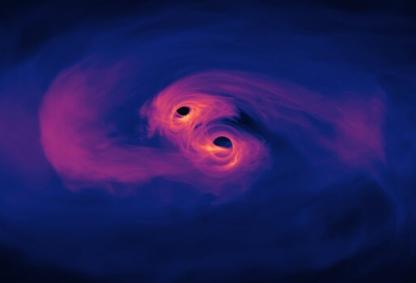 Simulated electromagnetic (EM) emission from accreting binary massive black hole during the late inspiral phase. [NASA/GSFC]; Credits: https://svs.gsfc.nasa.gov/13086/