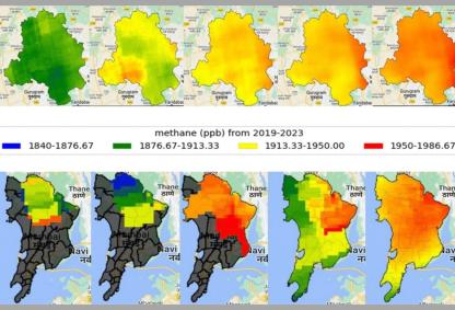 Image of methane cover over Delhi and Mumbai over last few years indicating rising concentrations. Credits: Authors of the study