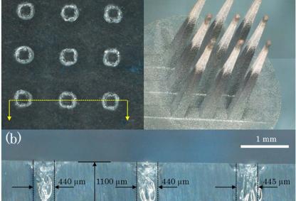 Microscopic images of multiple through holes in the glass substrate, (a) top view, (b) cross-section view, and (c) 3D view of the multi-tip tool electrode after machining. (Credits: Shanu and Dixit, 2025)