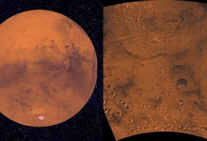 Left: Mars. Right: A section of the Thaumasia highlands. Image Credit: https://photojournal.jpl.nasa.gov/jpeg/PIA00185.jpg