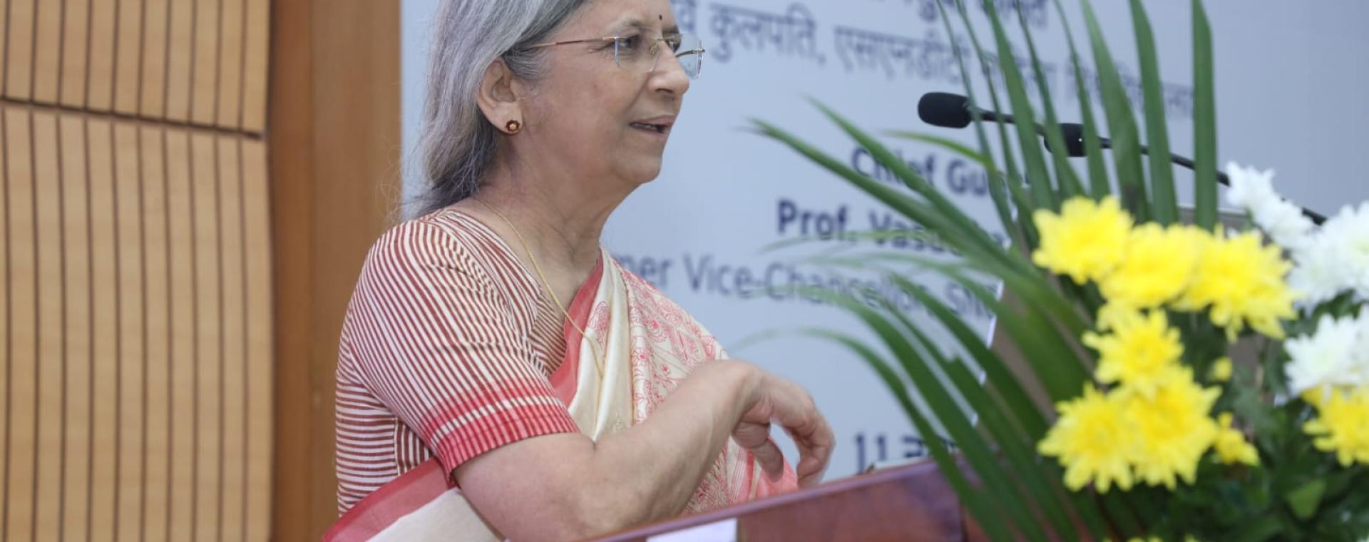 Prof. Vasudha Kamat, former Vice-Chancellor of SNDT Women's University, Mumbai addressing the audience